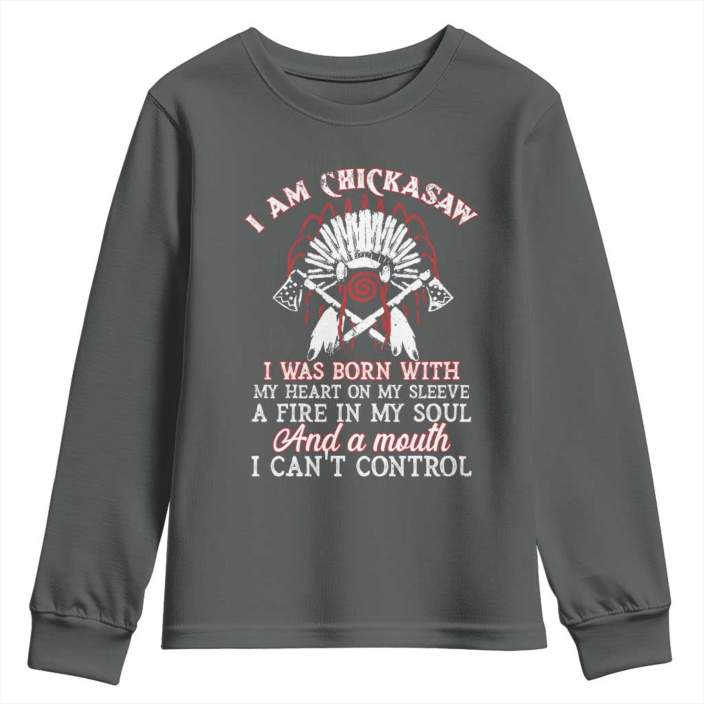 Chickasaw Indians Youth Sweatshirt I Am Chickasaw I Was Born With My Heart On My Sleeve War Bonnet TS11 Dark Heather Print Your Wear