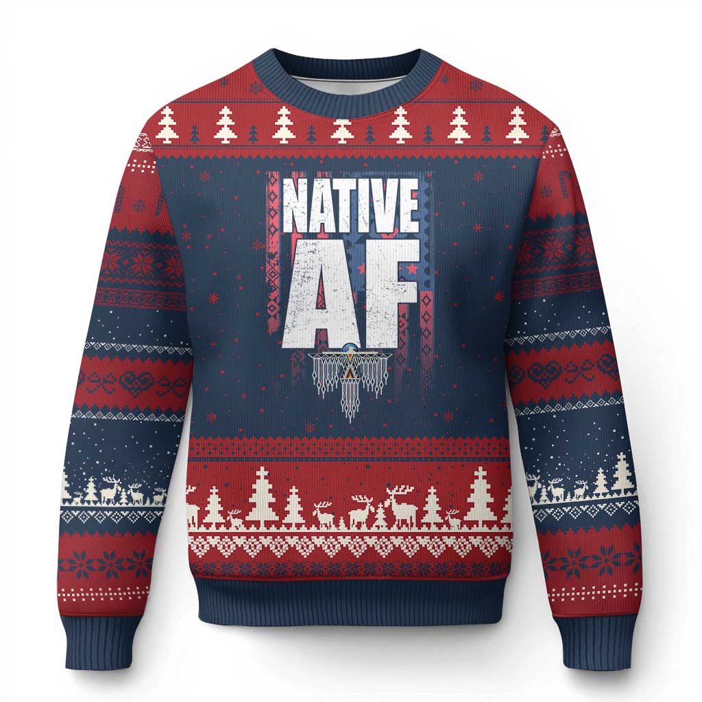Native American Indian Ugly Christmas Sweater Native AF Indigenous Vintage Thunderbird TS11 Navy Red Print Your Wear