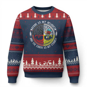 Native Americans Ugly Christmas Sweater Nature Is My Religion And The Earth Is My Church Tree Peyote TS11 Navy Red Print Your Wear