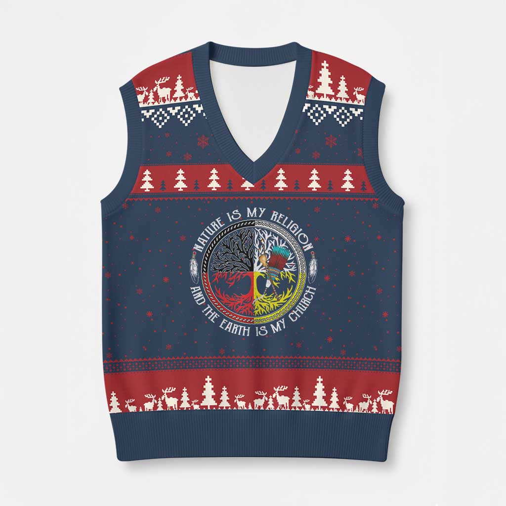 Native Americans V-Neck Knit Sweater Vest Nature Is My Religion And The Earth Is My Church Tree Peyote TS11 Navy Red Print Your Wear