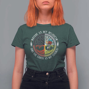Native Americans T Shirt For Women Nature Is My Religion And The Earth Is My Church Tree Peyote TS11 Dark Forest Green Print Your Wear