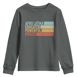 Afro Latina Youth Sweatshirt Educated Powerful Proud Hispanic Heritage Month TS11 Dark Heather Print Your Wear