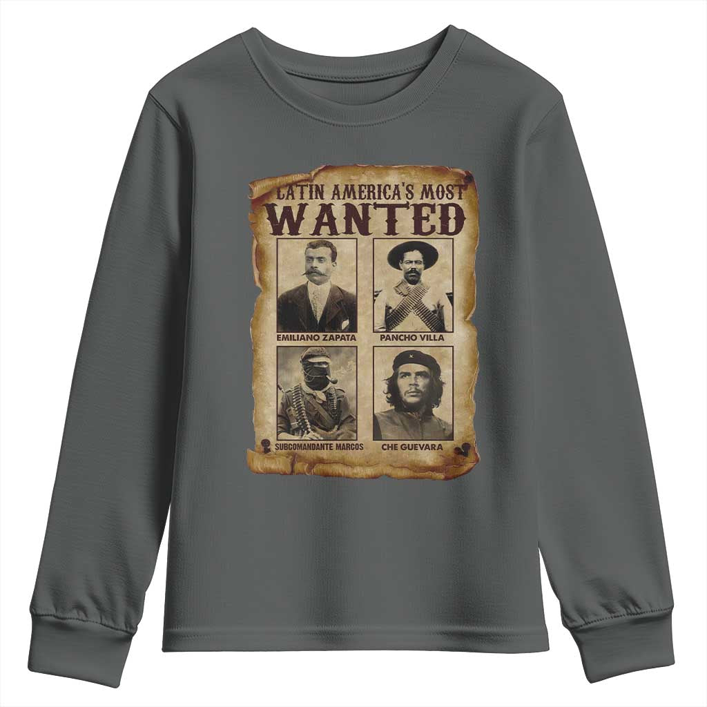 Latin America's Most Wanted Revolution Latino Hispanic Heritage Youth Sweatshirt Wanted Sign TS11 Dark Heather Print Your Wear