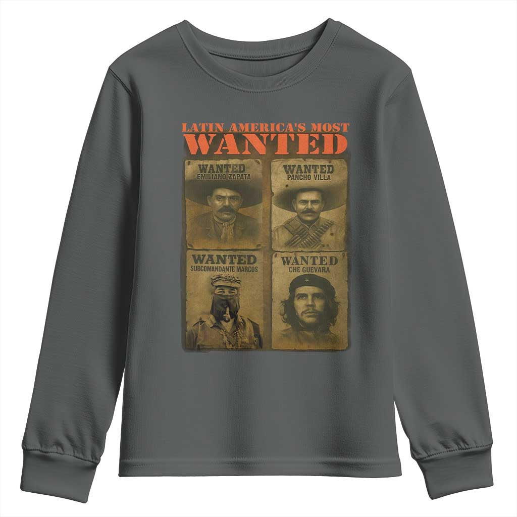 Latin America's Most Wanted Youth Sweatshirt Mexican Revolution Latino Hispanic Heritage TS11 Dark Heather Print Your Wear