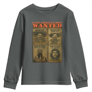 Latin America's Most Wanted Youth Sweatshirt Mexican Revolution Latino Hispanic Heritage TS11 Dark Heather Print Your Wear