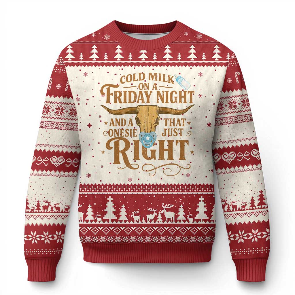 Funny Cold Milk On A Friday Night And A Onesie That Fits Just Right Ugly Christmas Sweater Longhorn Cow Skull - Print Your Wear