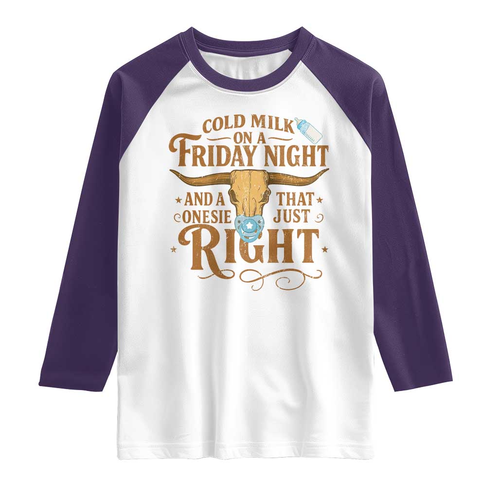 Funny Cold Milk On A Friday Night And A Onesie That Fits Just Right Raglan Shirt Longhorn Cow Skull TS11 White Purple Print Your Wear