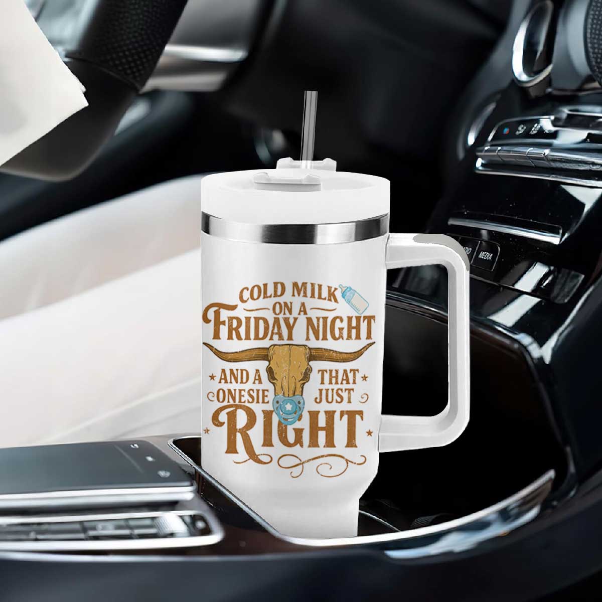 Funny Cold Milk On A Friday Night And A Onesie That Fits Just Right Tumbler With Handle Longhorn Cow Skull TS11 Print Your Wear