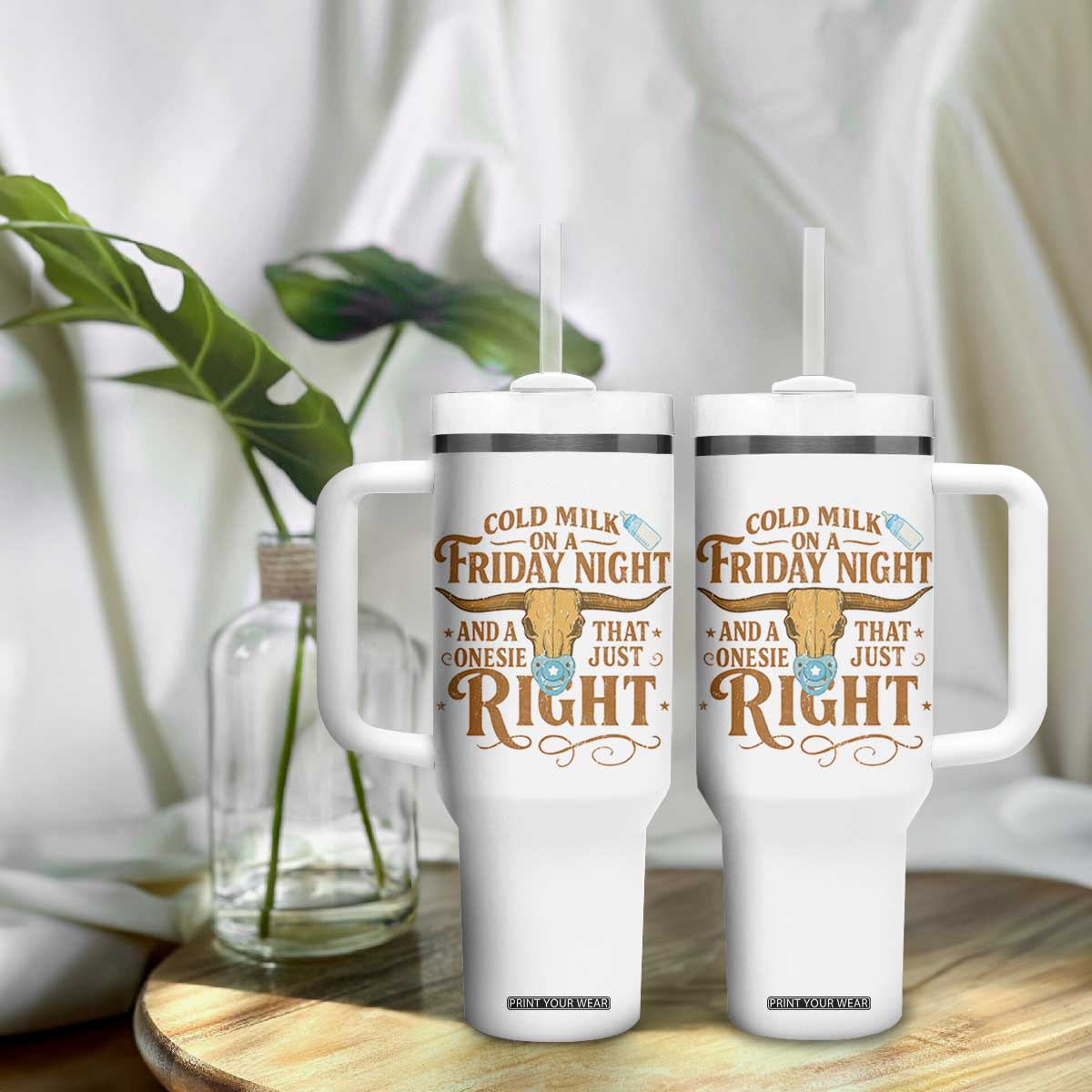 Funny Cold Milk On A Friday Night And A Onesie That Fits Just Right Tumbler With Handle Longhorn Cow Skull TS11 Print Your Wear