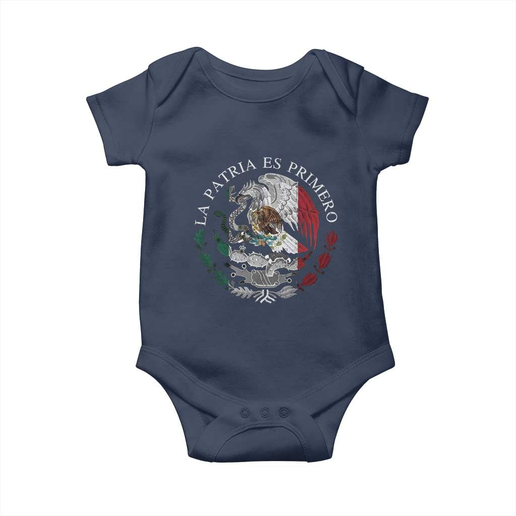 Mexican Pride Baby Onesie La Patria Es Primero Coat Of Arms TS11 Navy Print Your Wear