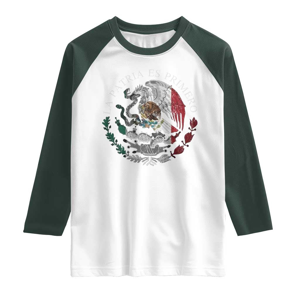 Mexican Pride Raglan Shirt La Patria Es Primero Coat Of Arms TS11 White Dark Forest Green Print Your Wear