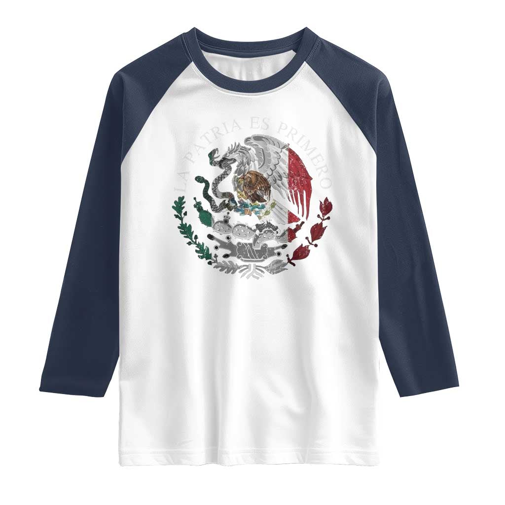 Mexican Pride Raglan Shirt La Patria Es Primero Coat Of Arms TS11 White Navy Print Your Wear