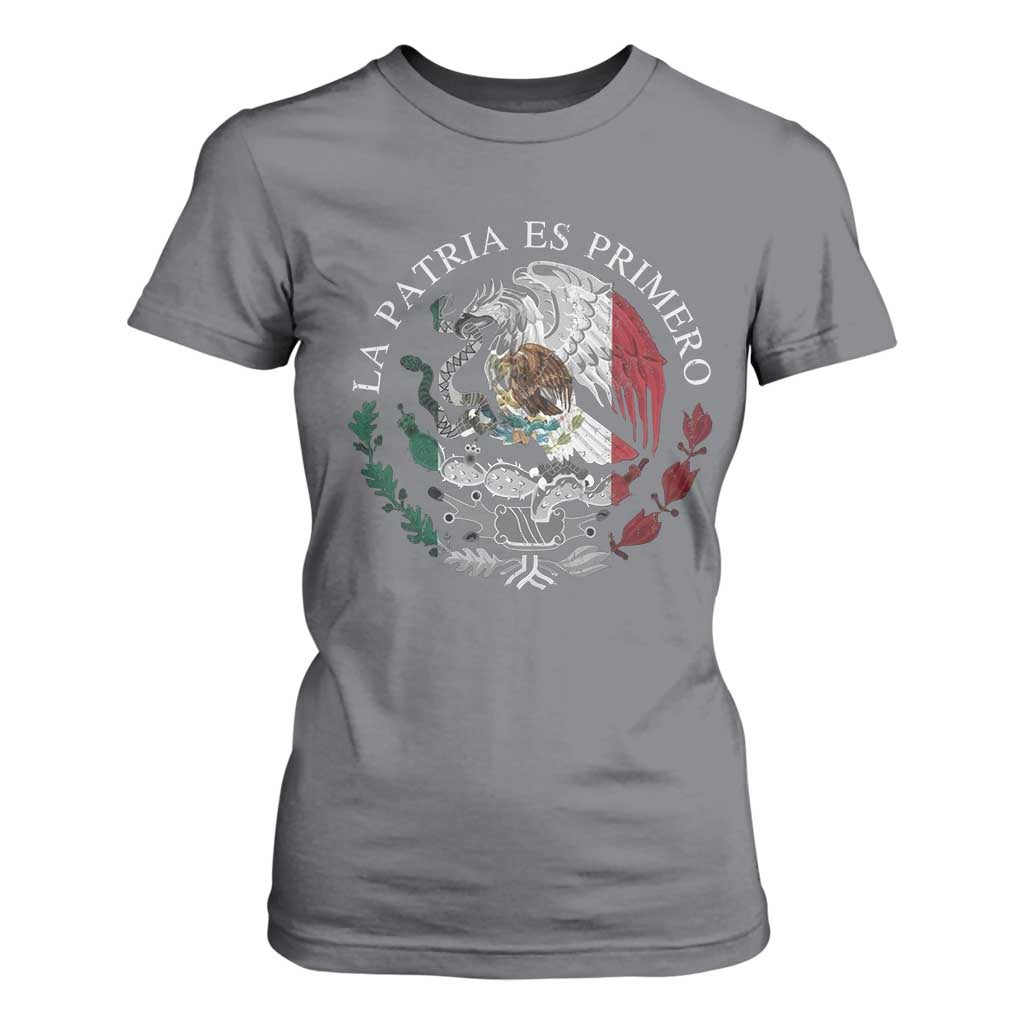 Mexican Pride T Shirt For Women La Patria Es Primero Coat Of Arms TS11 Charcoal Print Your Wear