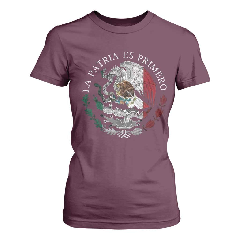 Mexican Pride T Shirt For Women La Patria Es Primero Coat Of Arms TS11 Maroon Print Your Wear