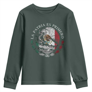 Mexican Pride Youth Sweatshirt La Patria Es Primero Coat Of Arms TS11 Dark Forest Green Print Your Wear