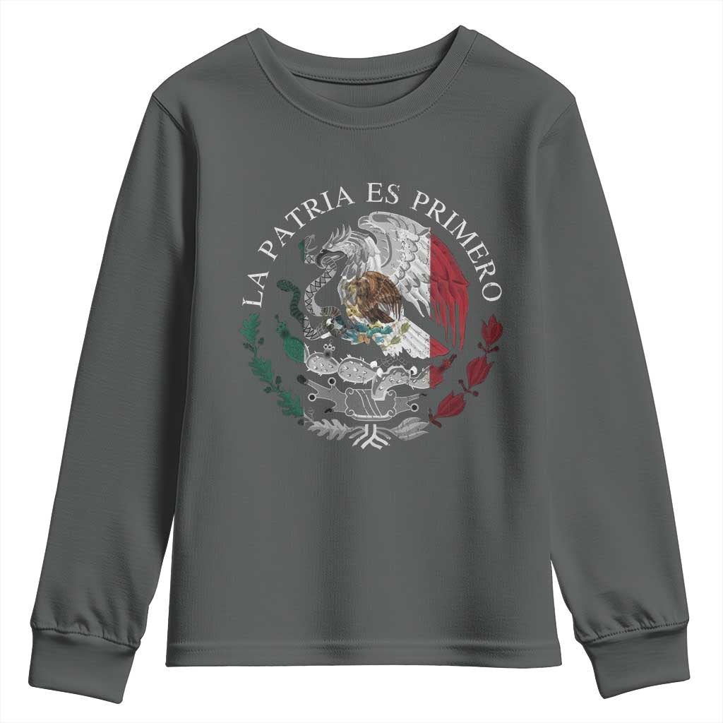 Mexican Pride Youth Sweatshirt La Patria Es Primero Coat Of Arms TS11 Dark Heather Print Your Wear