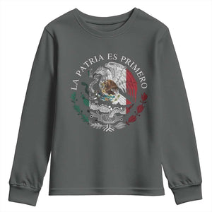 Mexican Pride Youth Sweatshirt La Patria Es Primero Coat Of Arms TS11 Dark Heather Print Your Wear