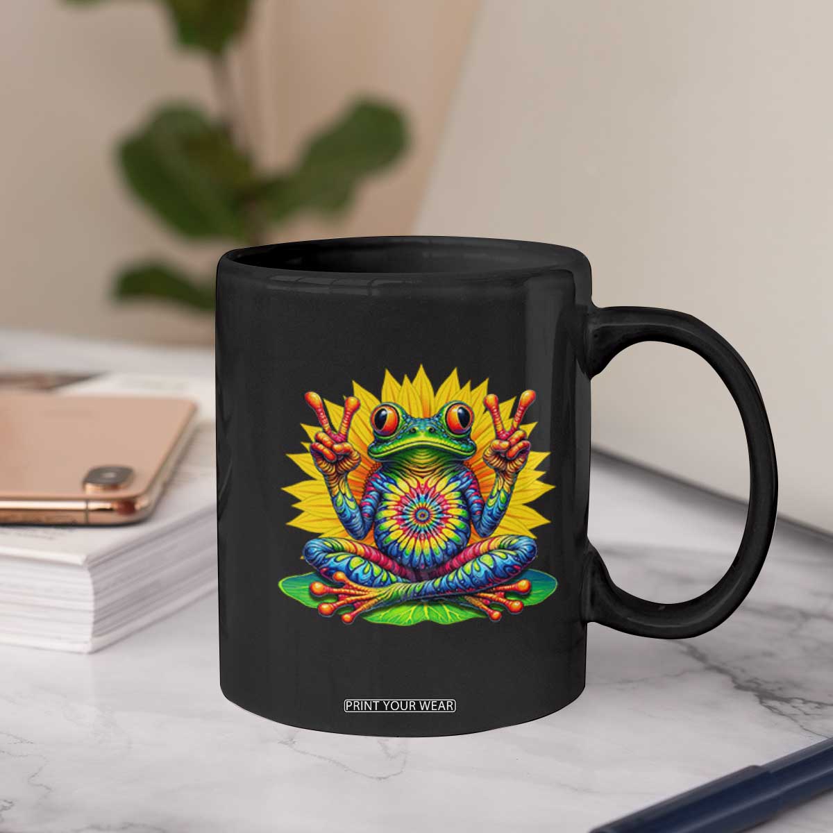 Tie Dye Frog Peace Sign Hippie Sunflower Coffee Mug TS11 Print Your Wear