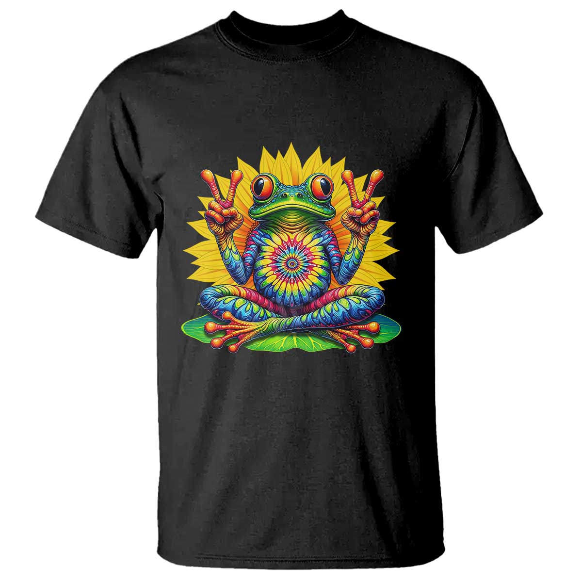 Tie Dye Frog Peace Sign Hippie Sunflower T Shirt TS11 Black Print Your Wear