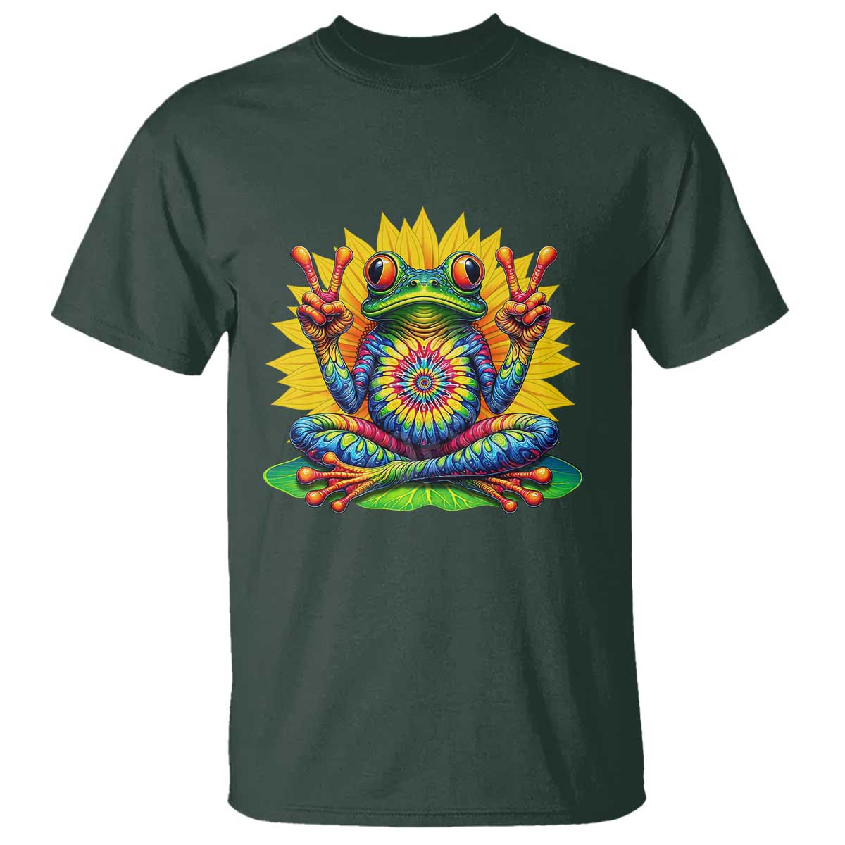 Tie Dye Frog Peace Sign Hippie Sunflower T Shirt TS11 Dark Forest Green Print Your Wear