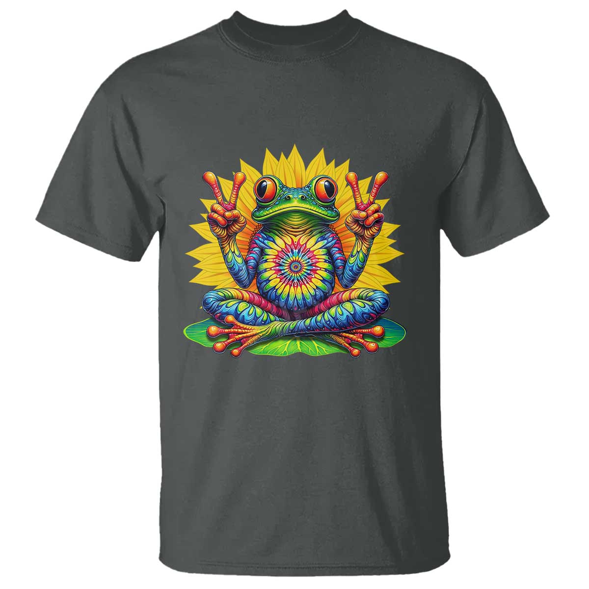 Tie Dye Frog Peace Sign Hippie Sunflower T Shirt TS11 Dark Heather Print Your Wear