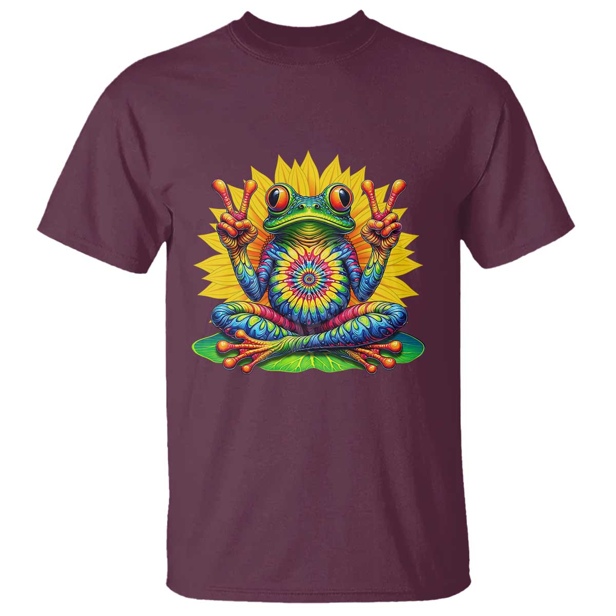 Tie Dye Frog Peace Sign Hippie Sunflower T Shirt TS11 Maroon Print Your Wear