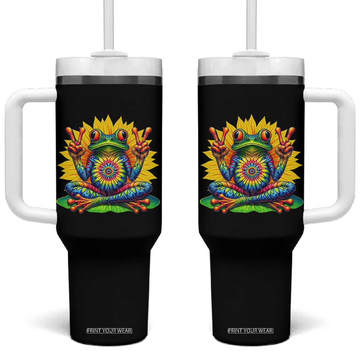 Tie Dye Frog Peace Sign Hippie Sunflower Tumbler With Handle TS11 One Size: 40 oz Black Print Your Wear