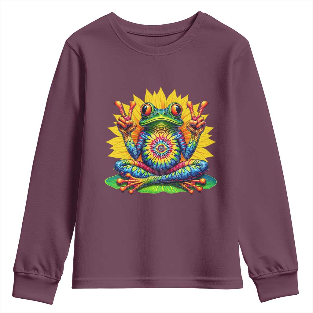 Tie Dye Frog Peace Sign Hippie Sunflower Youth Sweatshirt TS11 Maroon Print Your Wear