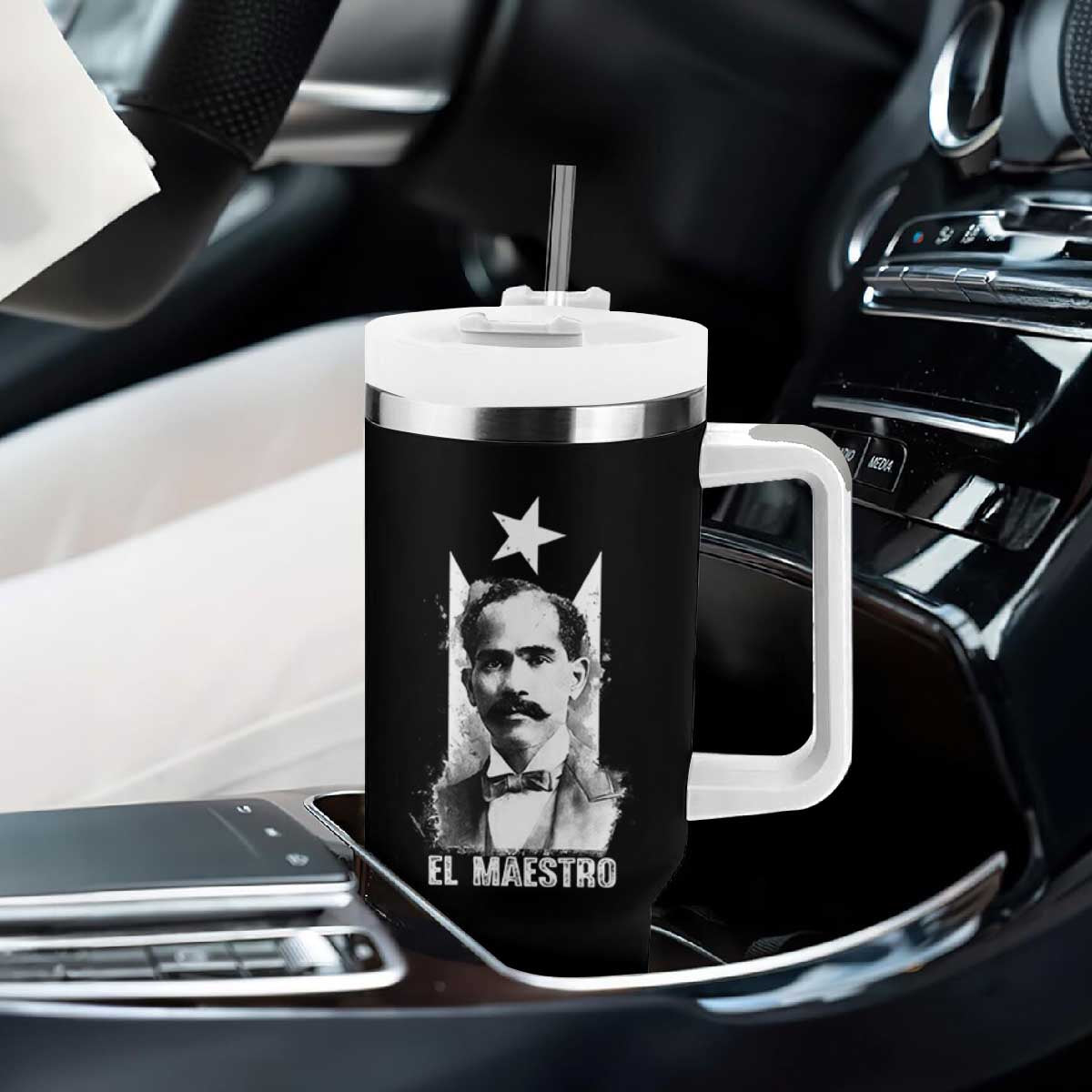 Pedro Albizu Campos Tumbler With Handle El Maestro Black Puerto Rico Flag TS11 Print Your Wear
