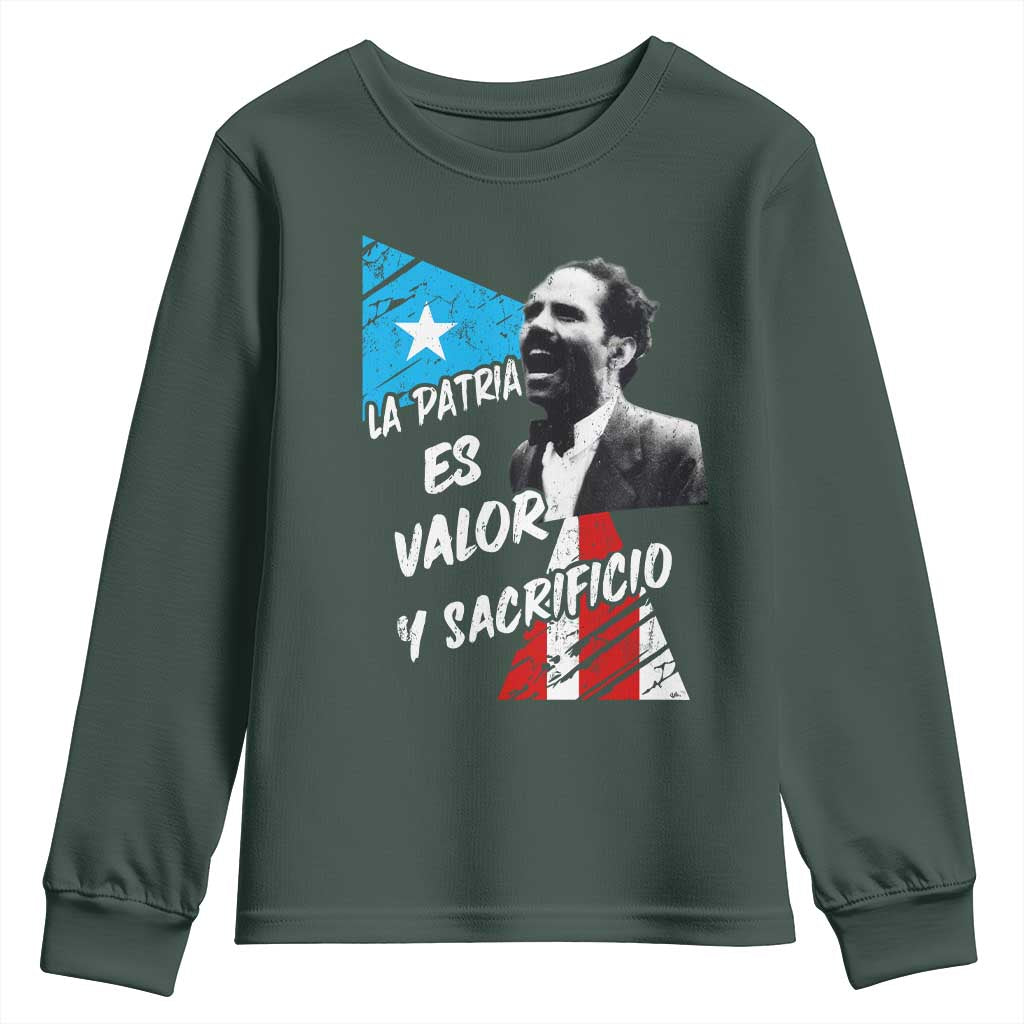 Pedro Albizu Campos Youth Sweatshirt La Patria Es Valor Y Sacrificio Puerto Rican Leader TS11 Dark Forest Green Print Your Wear
