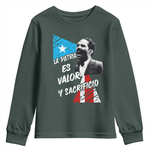 Pedro Albizu Campos Youth Sweatshirt La Patria Es Valor Y Sacrificio Puerto Rican Leader TS11 Dark Forest Green Print Your Wear