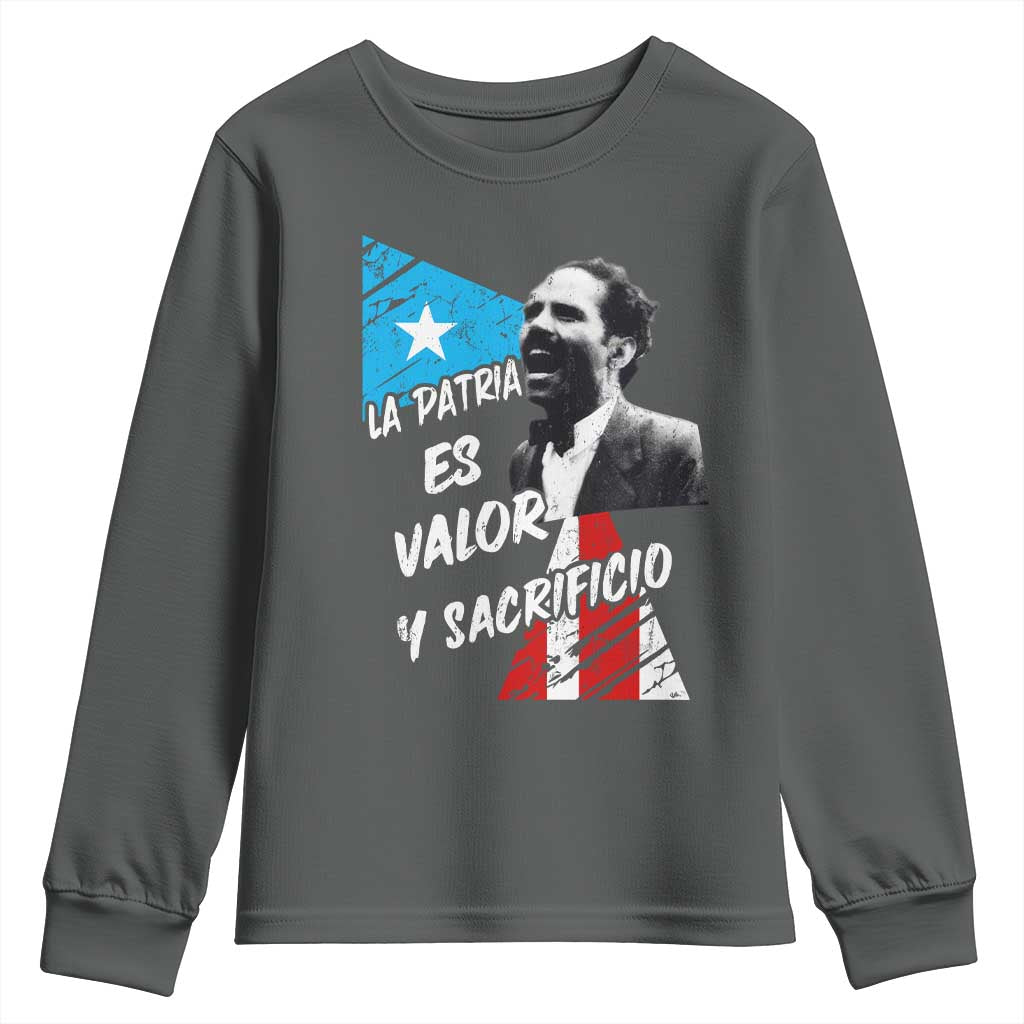 Pedro Albizu Campos Youth Sweatshirt La Patria Es Valor Y Sacrificio Puerto Rican Leader TS11 Dark Heather Print Your Wear