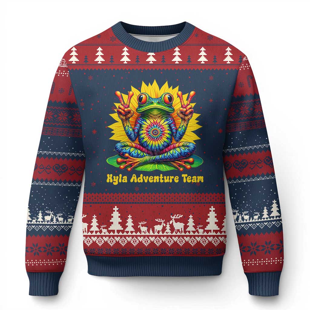 Personalized Tie Dye Hippie Frog Name Ugly Christmas Sweater Custom Text Peace Sign Hippie Sunflower TS11 Navy Red Print Your Wear