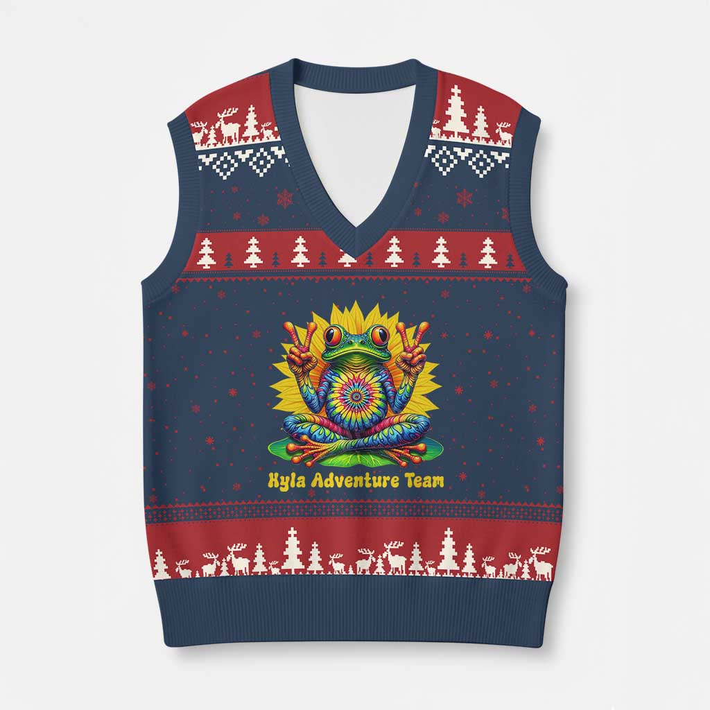 Personalized Tie Dye Hippie Frog Name V-Neck Knit Sweater Vest Custom Text Peace Sign Hippie Sunflower TS11 Navy Red Print Your Wear