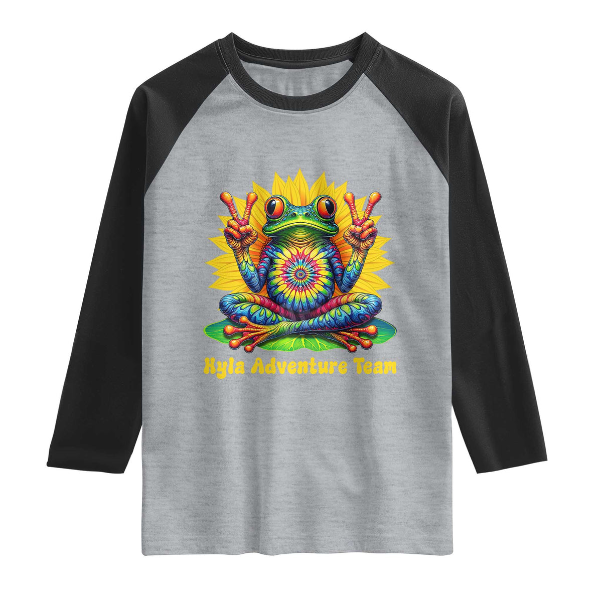 Personalized Tie Dye Hippie Frog Name Raglan Shirt Custom Text Peace Sign Hippie Sunflower TS11 Heather Gray Black Print Your Wear