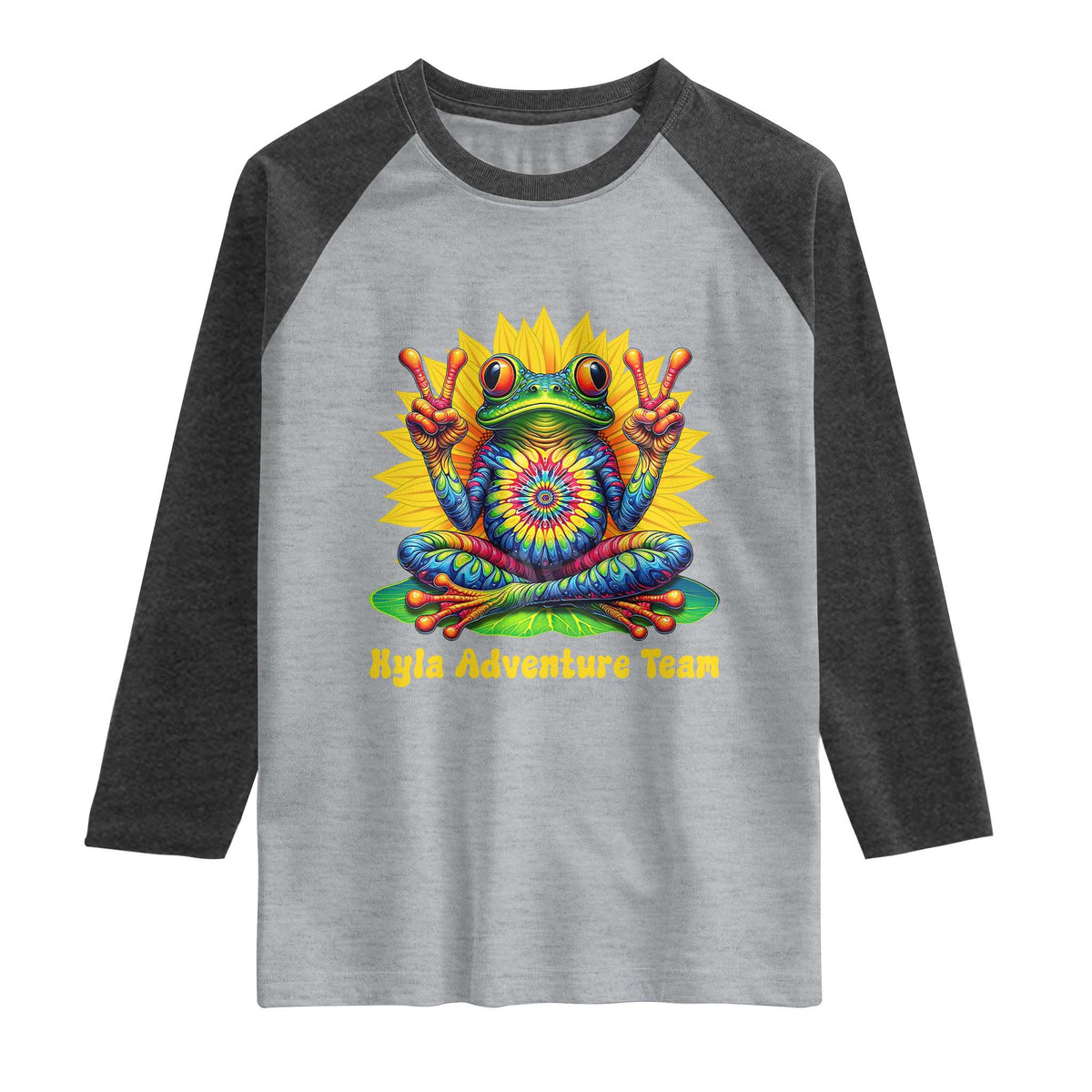 Personalized Tie Dye Hippie Frog Name Raglan Shirt Custom Text Peace Sign Hippie Sunflower TS11 Heather Gray Heather Charcoal Print Your Wear