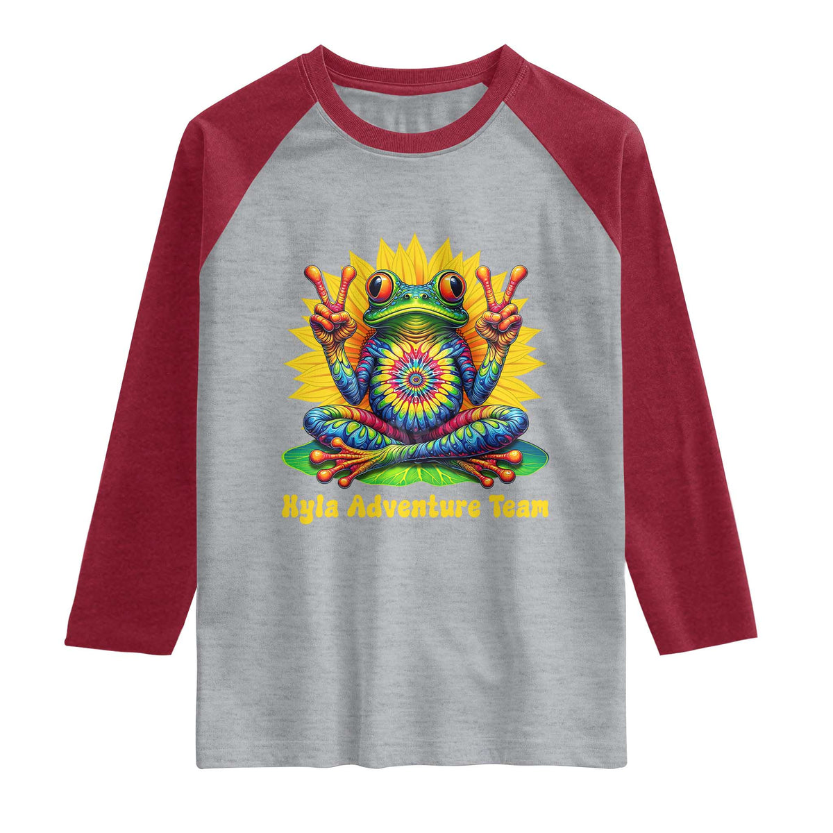 Personalized Tie Dye Hippie Frog Name Raglan Shirt Custom Text Peace Sign Hippie Sunflower TS11 Heather Gray Heather Red Print Your Wear