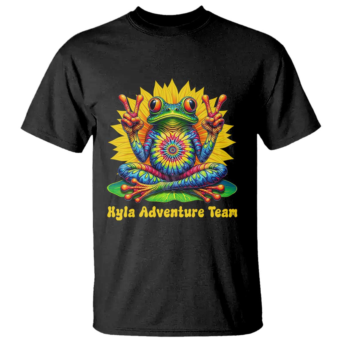 Personalized Tie Dye Hippie Frog Name T Shirt Custom Text Peace Sign Hippie Sunflower TS11 Black Print Your Wear