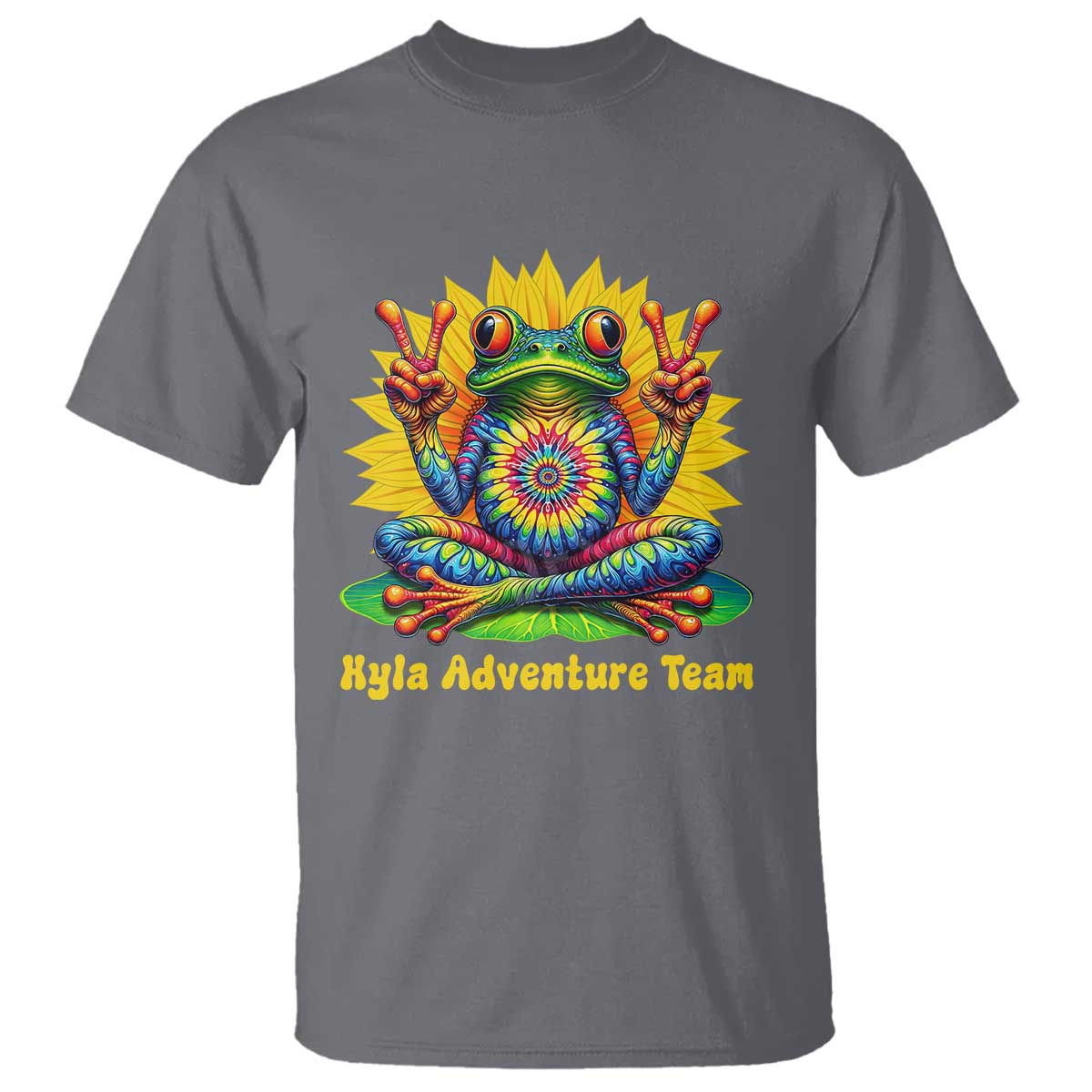 Personalized Tie Dye Hippie Frog Name T Shirt Custom Text Peace Sign Hippie Sunflower TS11 Charcoal Print Your Wear