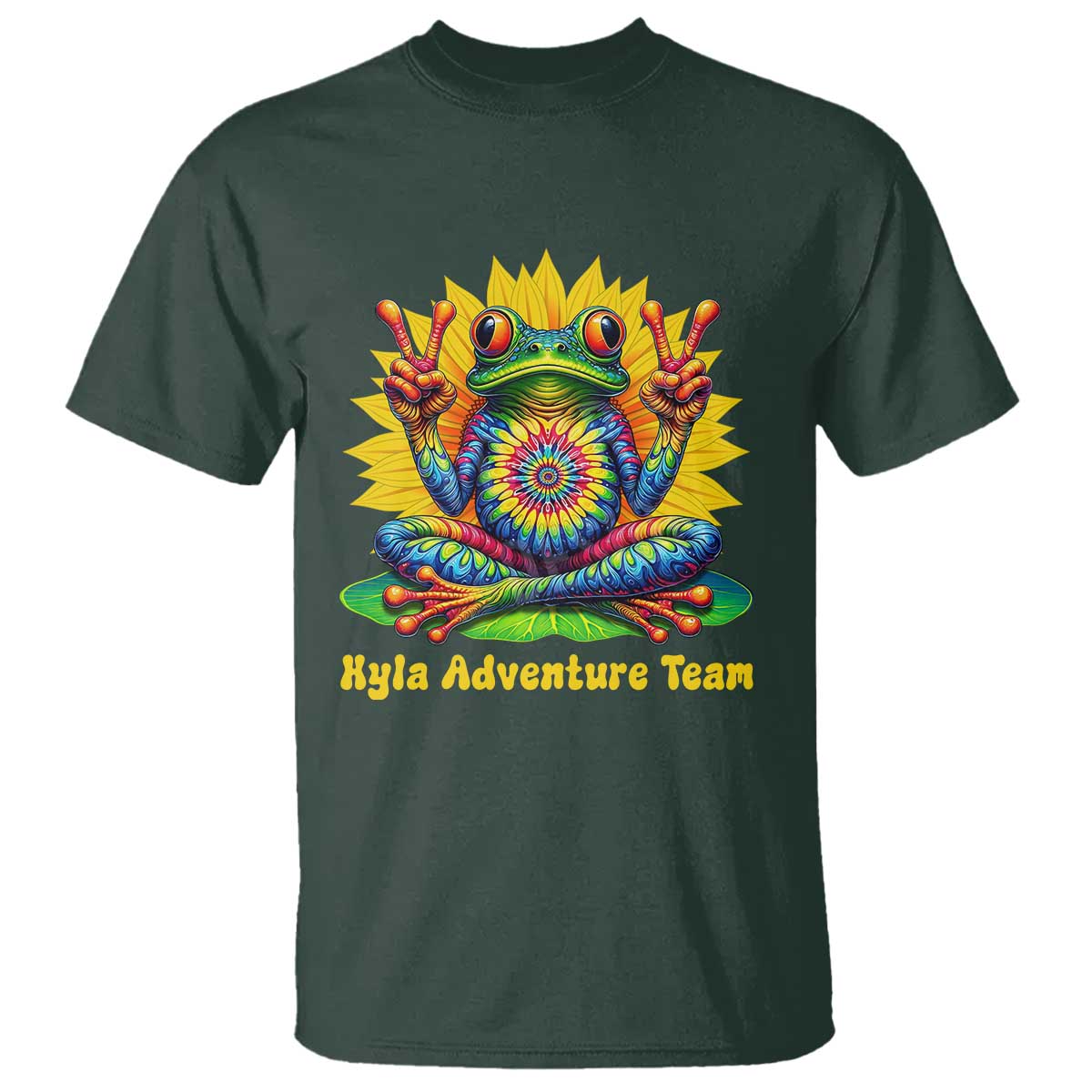 Personalized Tie Dye Hippie Frog Name T Shirt Custom Text Peace Sign Hippie Sunflower TS11 Dark Forest Green Print Your Wear