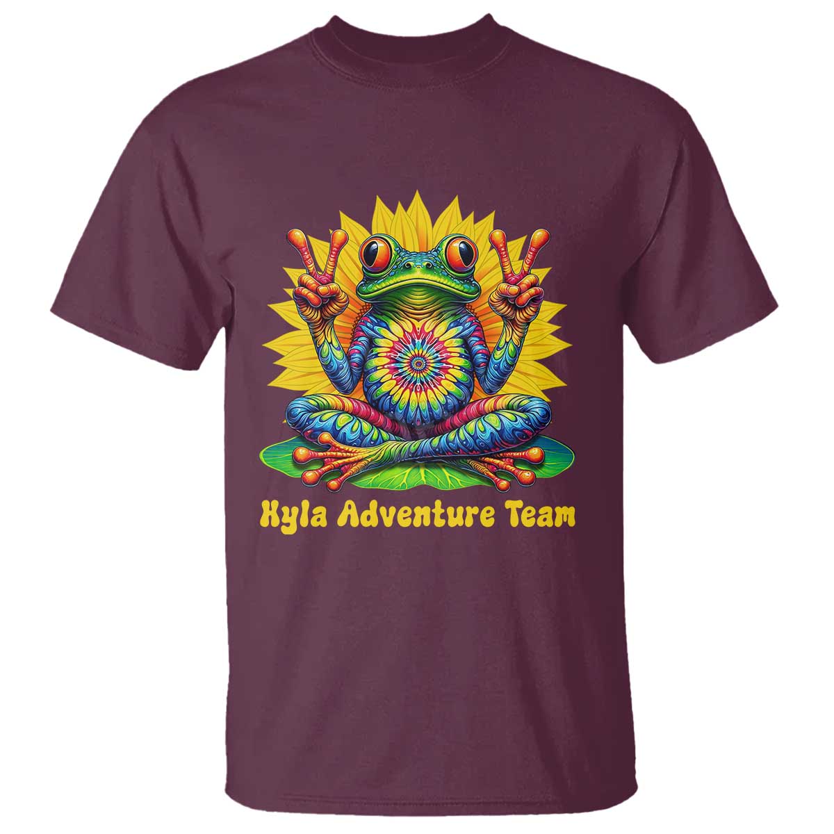 Personalized Tie Dye Hippie Frog Name T Shirt Custom Text Peace Sign Hippie Sunflower TS11 Maroon Print Your Wear