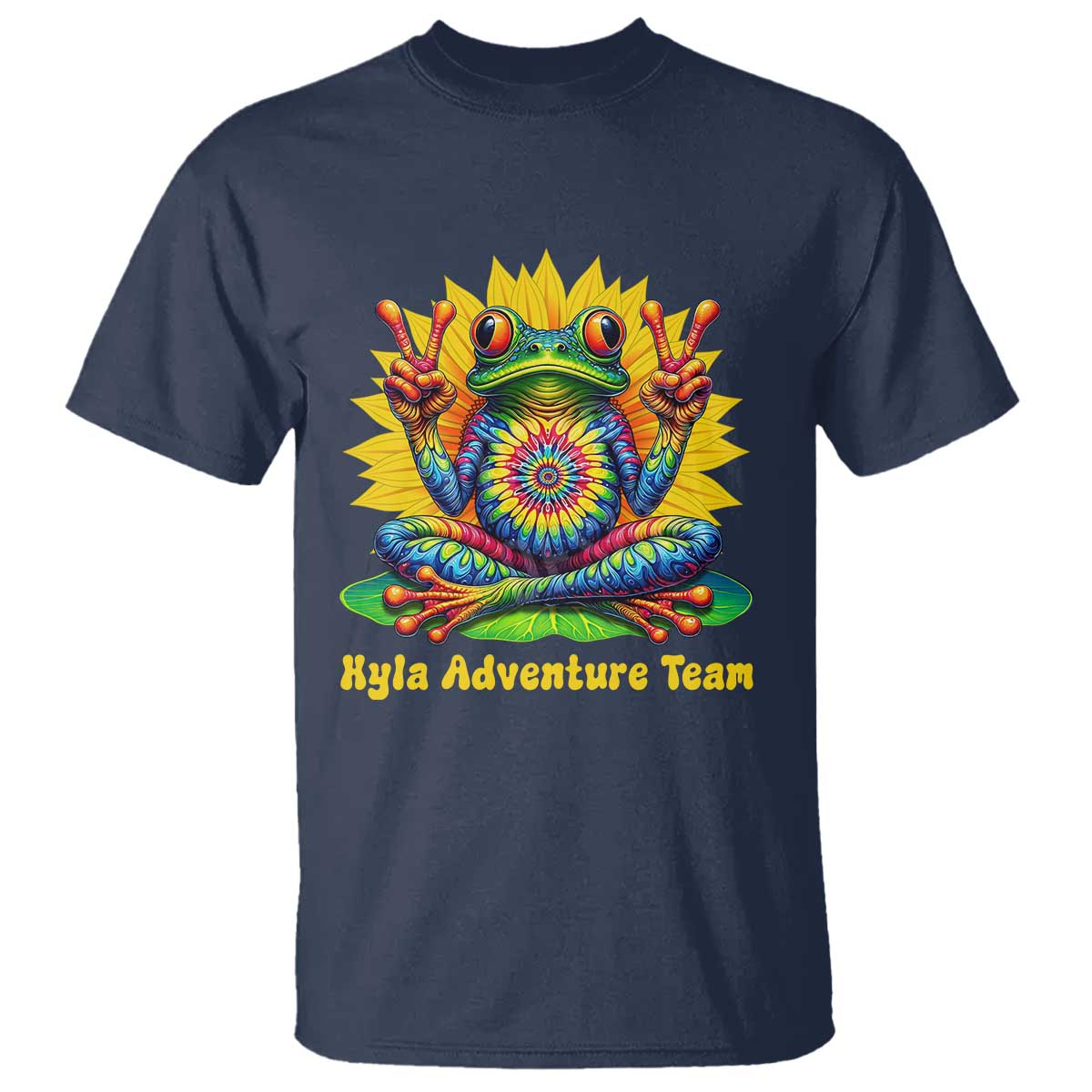 Personalized Tie Dye Hippie Frog Name T Shirt Custom Text Peace Sign Hippie Sunflower TS11 Navy Print Your Wear