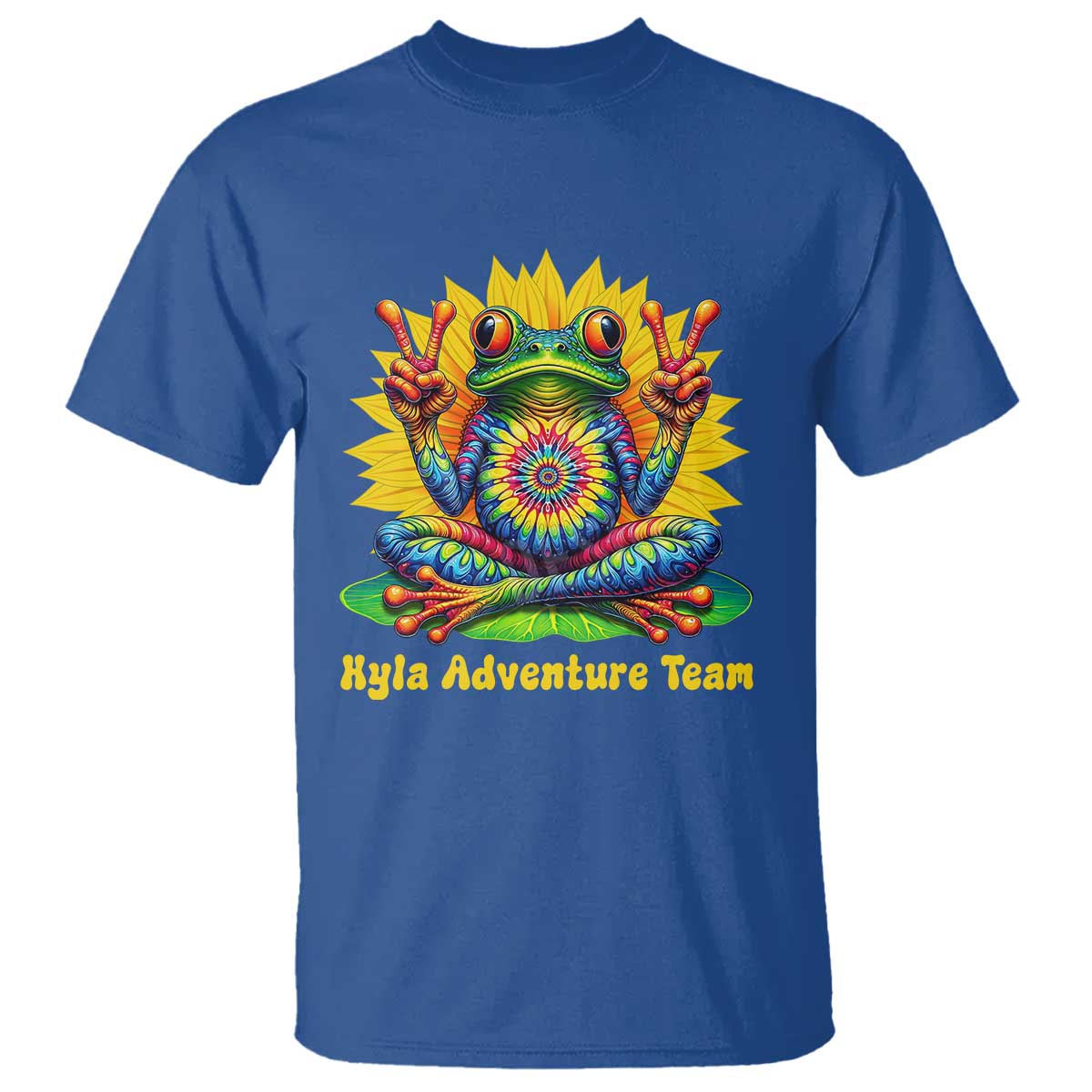 Personalized Tie Dye Hippie Frog Name T Shirt Custom Text Peace Sign Hippie Sunflower TS11 Royal Blue Print Your Wear