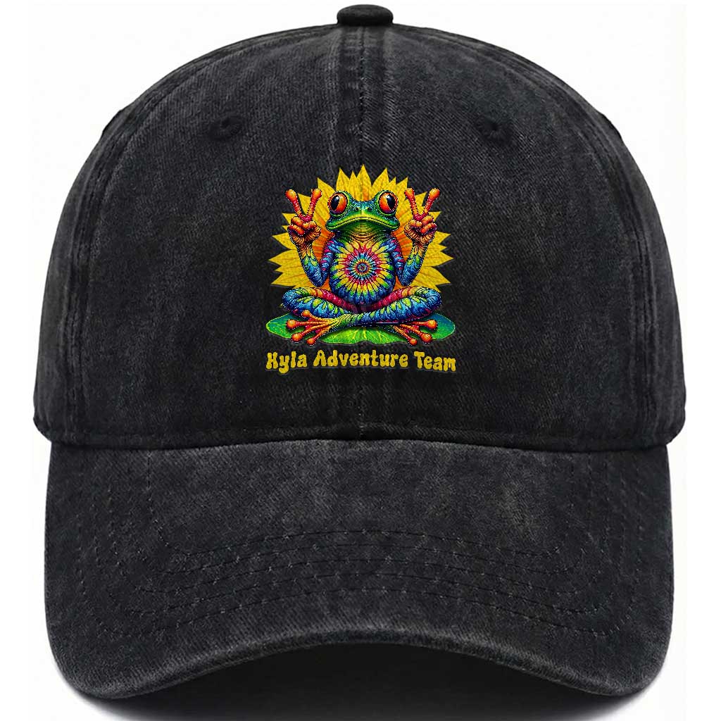 Personalized Tie Dye Hippie Frog Name Washed Cotton Baseball Cap Custom Text Peace Sign Hippie Sunflower