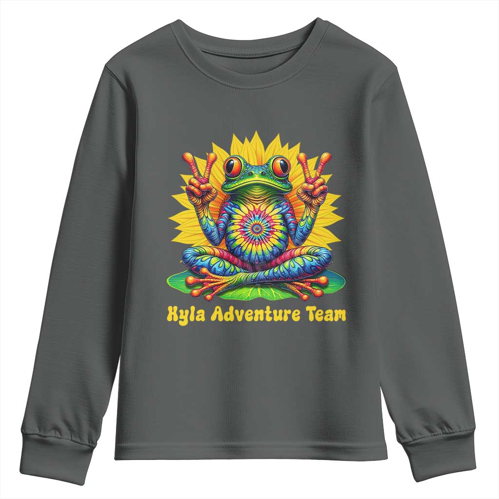 Personalized Tie Dye Hippie Frog Name Youth Sweatshirt Custom Text Peace Sign Hippie Sunflower TS11 Dark Heather Print Your Wear