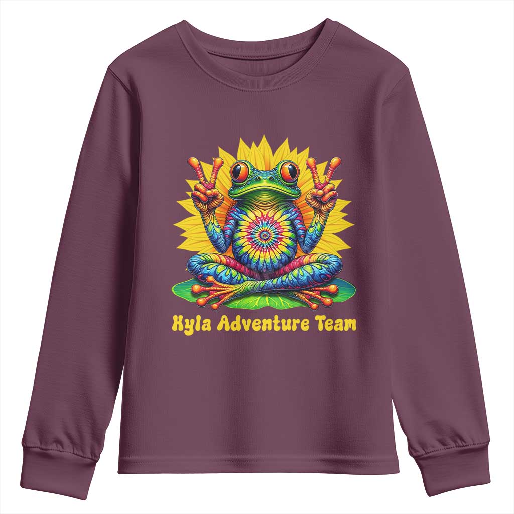 Personalized Tie Dye Hippie Frog Name Youth Sweatshirt Custom Text Peace Sign Hippie Sunflower TS11 Maroon Print Your Wear
