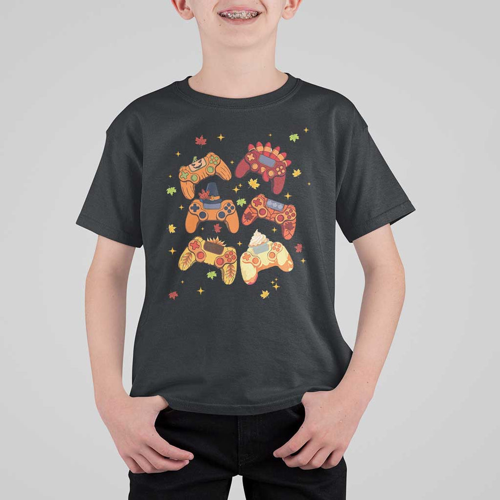 Fall Season Gamers T Shirt For Kid Gaming Controllers Pumpkin Turkey Autumn Maple Leaf TS11 Black Print Your Wear