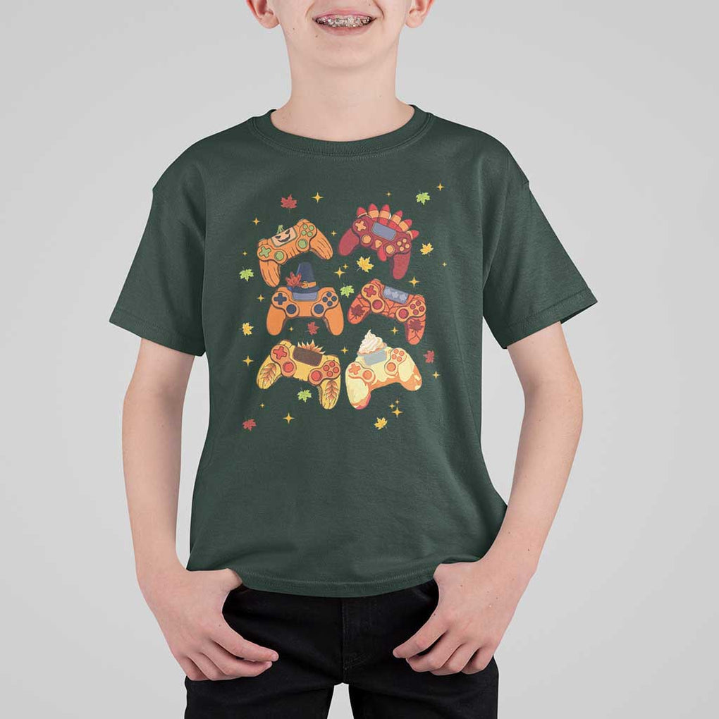 Fall Season Gamers T Shirt For Kid Gaming Controllers Pumpkin Turkey Autumn Maple Leaf TS11 Dark Forest Green Print Your Wear