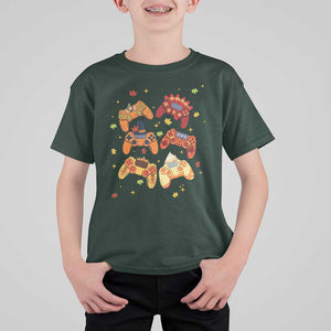 Fall Season Gamers T Shirt For Kid Gaming Controllers Pumpkin Turkey Autumn Maple Leaf TS11 Dark Forest Green Print Your Wear