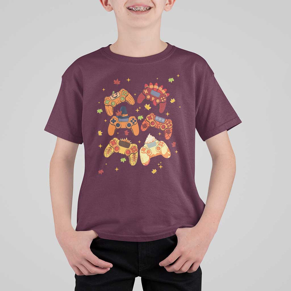 Fall Season Gamers T Shirt For Kid Gaming Controllers Pumpkin Turkey Autumn Maple Leaf TS11 Maroon Print Your Wear